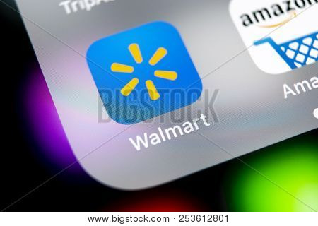 Sankt-petersburg, Russia, August 10, 2018: Walmart Application Icon On Apple Iphone X Screen Close-u