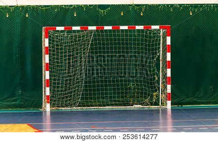 Gym For Playing Futsal, Mini-football. Folded Wooden Parquet On The Field Of Hall For Mini-football.