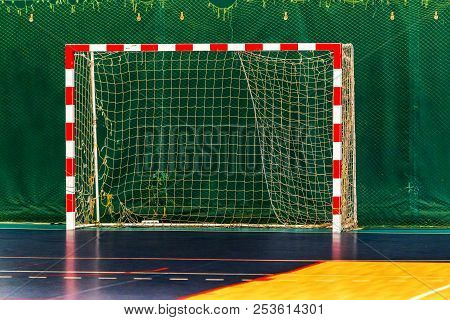Gym For Playing Futsal, Mini-football. Folded Wooden Parquet On The Field Of Hall For Mini-football.