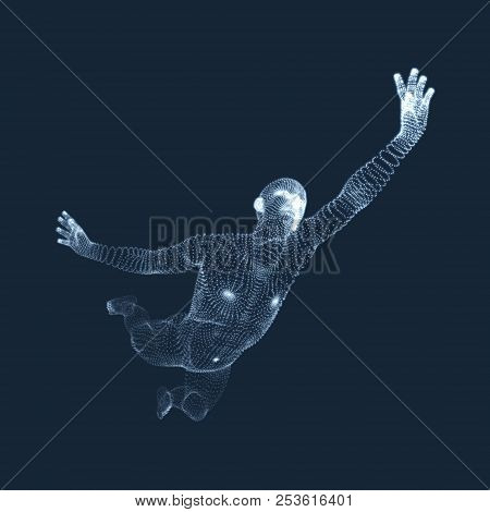 Jumping Man. Vector Graphics Composed Of Particles. 3d Model Of Man. Human Body Model. Body Scanning