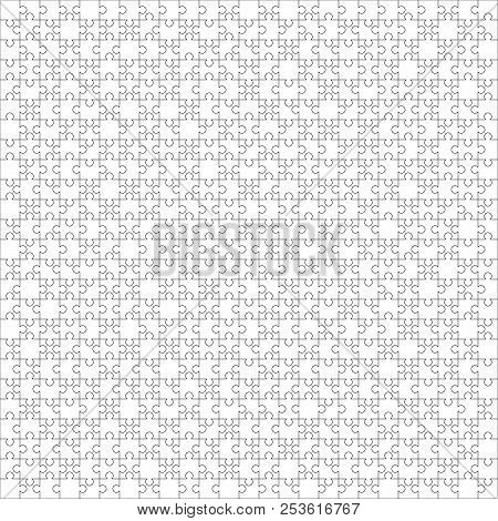 625 White Puzzles Pieces Arranged In A Square. Jigsaw Puzzle Template Ready For Print. Cutting Guide