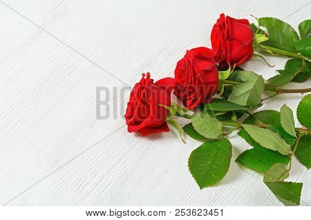 Beautiful Red Roses On Wooden Background. Greeting Card For Congratulations. Flowery Fon. Top View. 