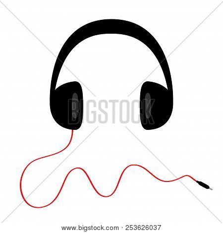 Headphones With Curl Red Cord Plug. Black Silhouette. Greeting Card. Flat Design. White Background. 