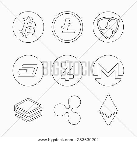 Collection Of Crypto Currency Coins Bitecoin Litecoin Nem Dash Zcash Monero Nem Stratis Ripple Ether