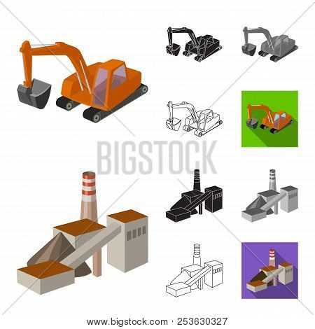 Mining Industry Cartoon, Black, Flat, Monochrome, Outline Icons In Set Collection For Design. Equipm