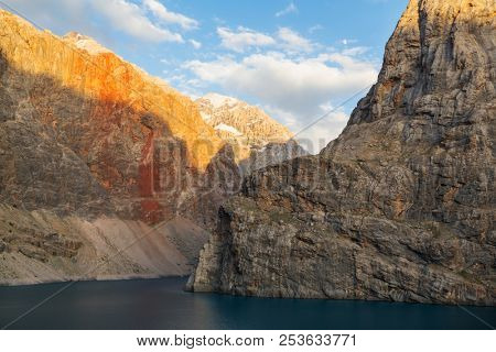 Beautiful serene lake in  Fann mountains (branch of Pamir) in Tajikistan.