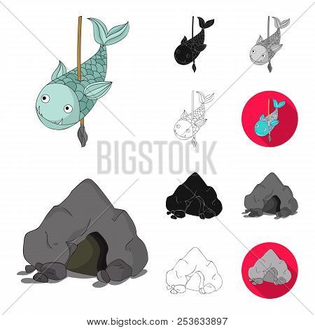 Life In The Stone Age Cartoon, Black, Flat, Monochrome, Outline Icons In Set Collection For Design. 