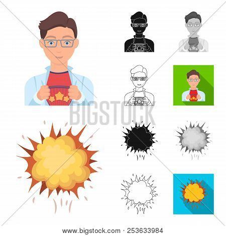 A Fantastic Superhero Cartoon, Black, Flat, Monochrome, Outline Icons In Set Collection For Design. 