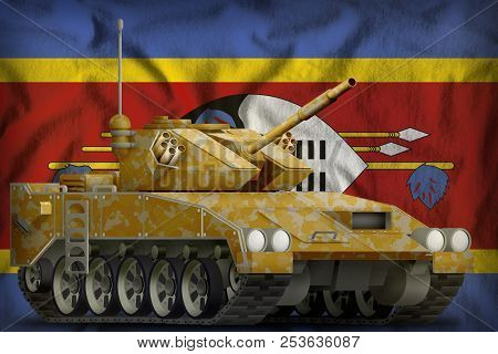 Light Tank Apc With Desert Camouflage On The Swaziland Flag Background. 3d Illustration