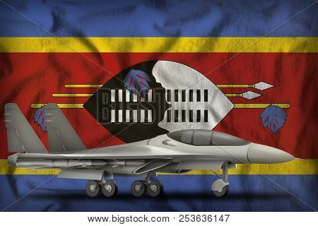 Fighter, Interceptor On The Swaziland Flag Background. 3d Illustration