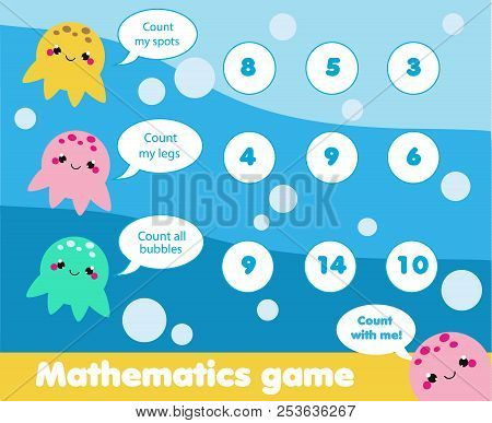 Educational Children Game. Mahematics Activity Page With Cute Jellyfish. Learning Counting For Kids 