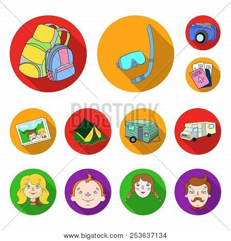 Family Holiday Flat Icons In Set Collection For Design. Recreation And Equipment. Vector Symbol Stoc