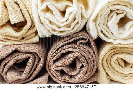 Closeup Multicolored Clean Towels. Texture Of Cotton, Waffle Towel, Textiles. Towels For Kitchen Or 