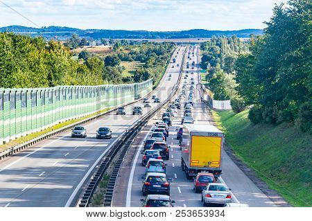 Juszkowo, Poland - August 12, 2018: Traffic Jam At Expressway S6.