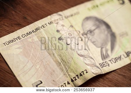 Close Up Turkish Lira Bills On Wooden Table, Turkish Lira (turkish Turk Parasi), High Exchange Rate 