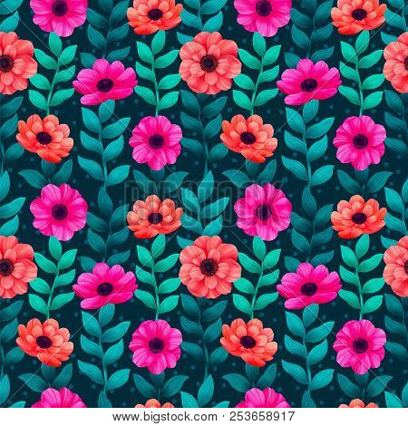 Luminous Tropical Seamless Pattern With 3d Style Flowers And Leaves On Dark Background. Trendy Desig