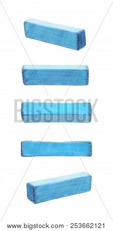 Hyphen Dash Symbol Sawn Of Wood And Paint Coated, Isolated Over The White Background, Set Of Five Di