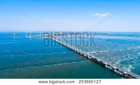 Oosterschelde Flood Barrier At The Northern Sea In Zeeland The Netherlands From Above