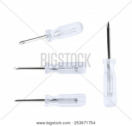 Tiny Crosshead Screwdriver With A Transparent Plastic Handle, Isolated Over The White Background, Se