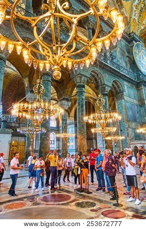 Istanbul, Turkey - July 16, 2018: Guided group of sightseers in The Hagia Sophia (Ayasofya) in Istanbul                   