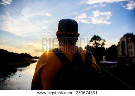 Guy In Front Of Blue Sky At Evening Time Admire Landscape. Enjoy Pleasant Moment. Take Moment To Adm