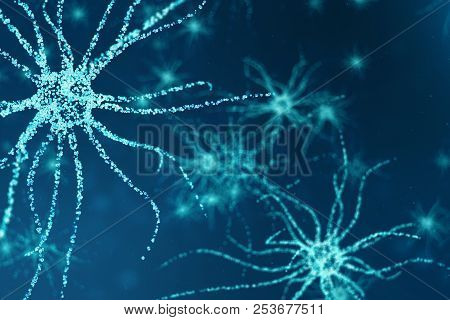 Conceptual Illustration Of Neuron Cells With Glowing Link Knots. Synapse And Neuron Cells Sending El