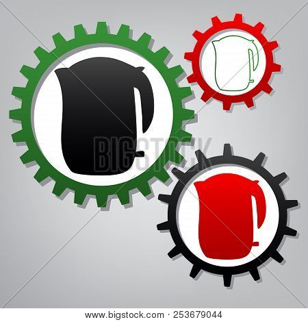 Electric Kettle Sign. Vector. Three Connected Gears With Icons A