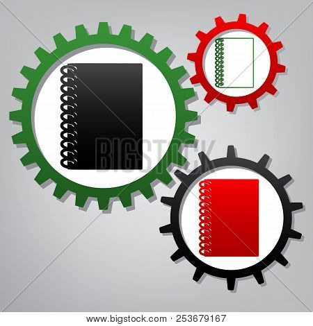 Notebook Simple Sign. Vector. Three Connected Gears With Icons A
