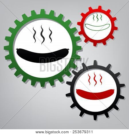 Sausage Simple Sign. Vector. Three Connected Gears With Icons At