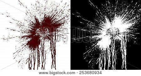 Computer Simulation Of Splashes And Blood Flows On A White Wall. Digital Illustration With Alpha Mat