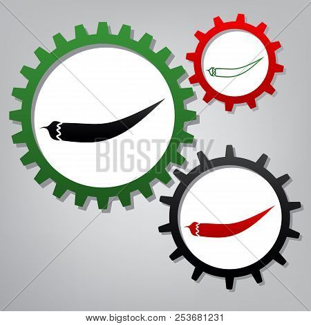 Chilli Pepper Sign. Vector. Three Connected Gears With Icons At