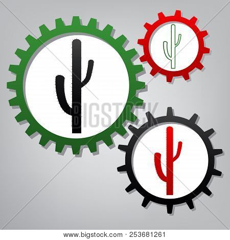 Cactus Simple Sign. Vector. Three Connected Gears With Icons At