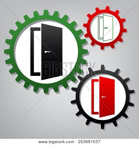 Door Sign Illustration. Vector. Three Connected Gears With Icons