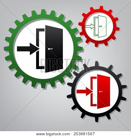 Door Exit Sign. Vector. Three Connected Gears With Icons At Gray