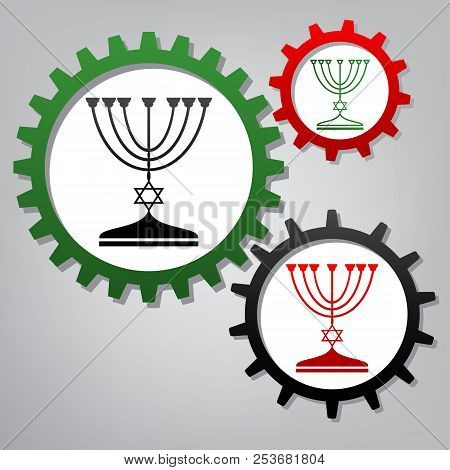 Jewish Menorah Candlestick In Black Silhouette. Vector. Three Co