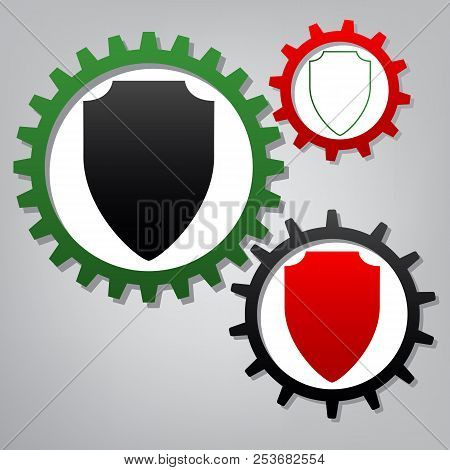 Shield Sign Illustration. Vector. Three Connected Gears With Ico