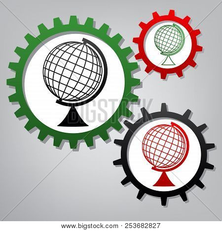 Earth Globe Sign. Vector. Three Connected Gears With Icons At Gr