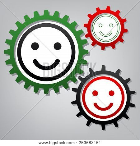 Smile Icon. Vector. Three Connected Gears With Icons At Grayish