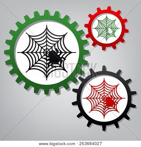 Spider On Web Illustration. Vector. Three Connected Gears With I