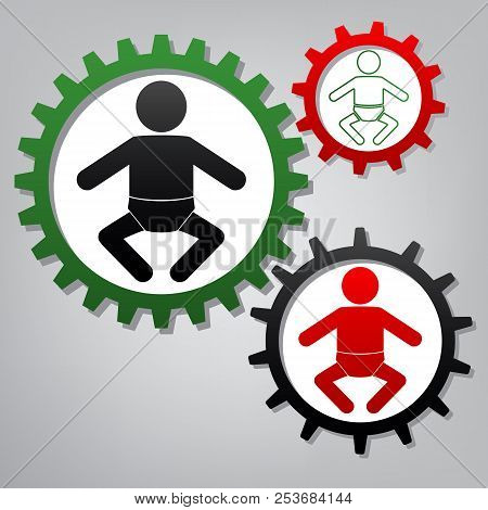 Baby Sign Illustration. Vector. Three Connected Gears With Icons