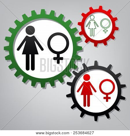 Female Sign Illustration. Vector. Three Connected Gears With Ico