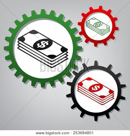 Bank Note Dollar Sign. Vector. Three Connected Gears With Icons