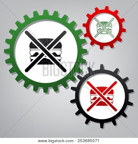 No Burger Sign. Vector. Three Connected Gears With Icons At Gray