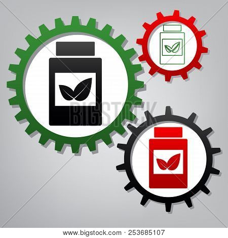 Supplements Container Sign. Vector. Three Connected Gears With I