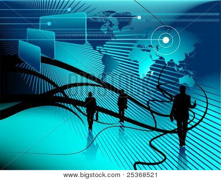 technologie abstracte achtergrond - wereld-kaart, zakelijk project en binaire code op beeldscherm