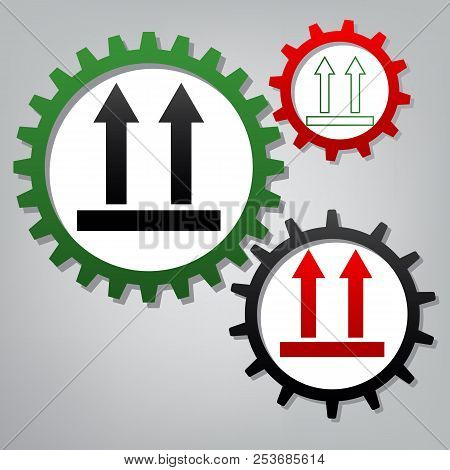 Logistic Sign Of Arrows. Vector. Three Connected Gears With Icon