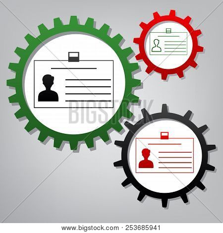 Identification Card Sign. Vector. Three Connected Gears With Ico