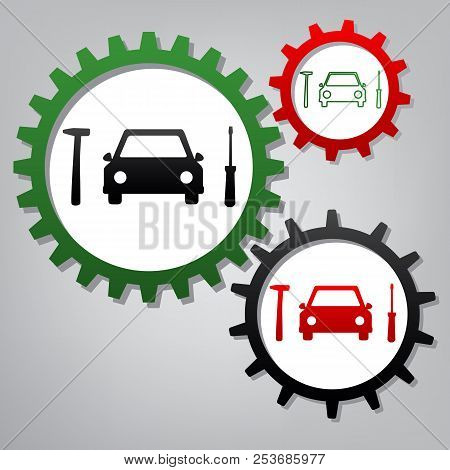 Car Tire Repair Service Sign. Vector. Three Connected Gears With