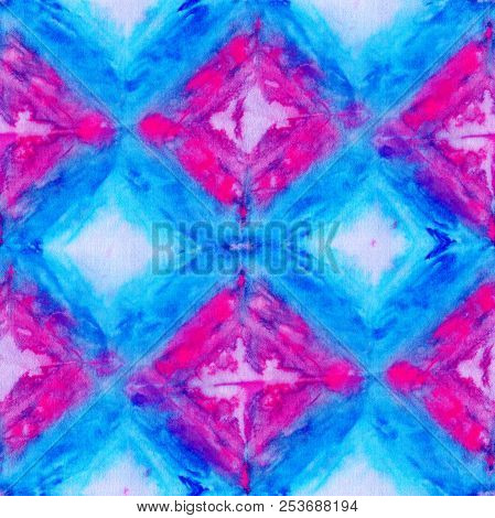 Seamless Tie-dye Pattern Of Blue And Pink Color On White Silk. Hand Painting Fabrics - Nodular Batik