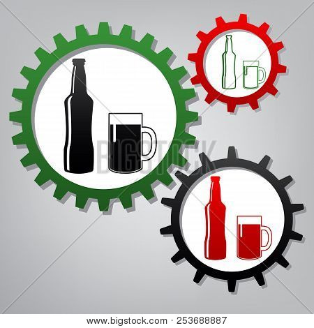 Beer Bottle Sign. Vector. Three Connected Gears With Icons At Gr